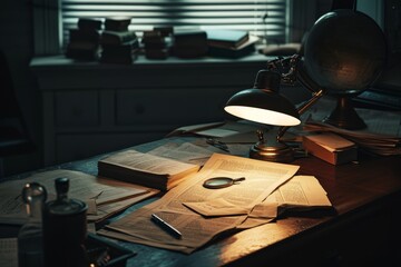 Vintage still life with old papers, magnifier, books and a lamp on the table. A cinematic shot capturing a detective's office with a single desk lamp illuminating scattered papers 