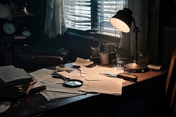 Vintage still life with old papers, magnifier, books and a lamp on the table. A cinematic shot capturing a detective's office with a single desk lamp illuminating scattered papers 
