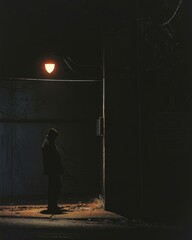 A man standing in a foggy street at night looking at a street lamp