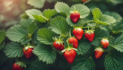  Strawberry bush close up, garden background with copy space