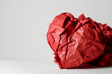 Crumpled up red paper that resembles heart shape on white background. Health and medicine, heart attack, cardiovascular disease, world heart day concept