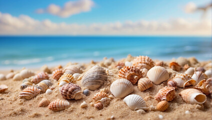 Fototapeta na wymiar beach sand decorated with several shells on a blurry beach background. For product display