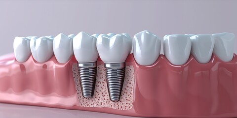 A Close-Up View of a 3D Dental Teeth Implant, Showcasing Perfect White Teeth, a Testament to Modern Dental Innovation and Excellence, Generative AI