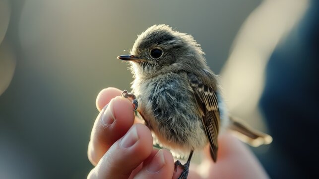  a small bird sitting on top of a person's hand in front of a blurry image of a person's hand holding a small bird in their left hand.