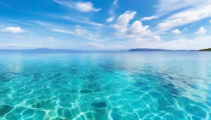 Poster Crystal clear sea water bay. Pristine ocean lagoon sunny cloudy sky, idyllic relaxing seascape. Transparent surface, exotic travel. tropics Mediterranean nature panorama. © Leon Rahman