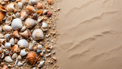 Fototapeta na wymiar top view shells on beach sand background. backdrop with copy space