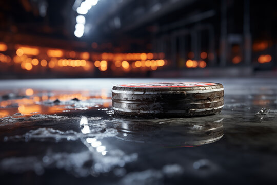 Ice hockey puck. Ice hockey match. Ice hockey competition.