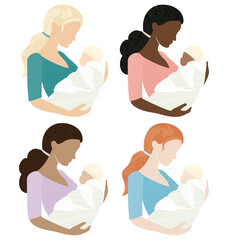 A set of mothers holding infants with different ethnic backgrounds
