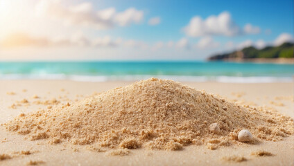 Fototapeta na wymiar beach sand with blurry beach background. For product display