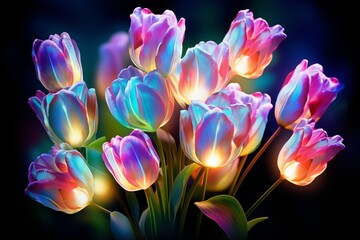 Colorful decorative tulips illuminated by neon light, shimmer with bright rainbow colors, shining beautiful tulips, colorful mesmerizing flowers