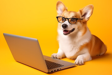 Portrait of a funny corgi puppy with big ears on a yellow isolated background wearing glasses at a laptop in a tie. Design for advertising, office and remote work theme. Place for text, copyspace