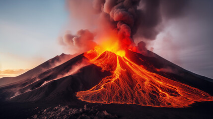 perfect vulcano peak with active erruption. lava running down its sides. danger for air traffic