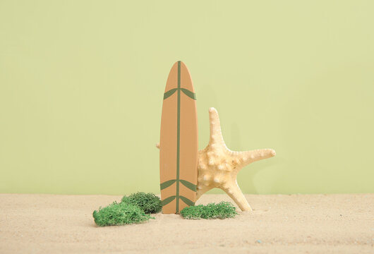 Mini surfboard with starfish and moss on sand against olive background