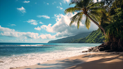 beach with palm tree and ocean tropical paradise