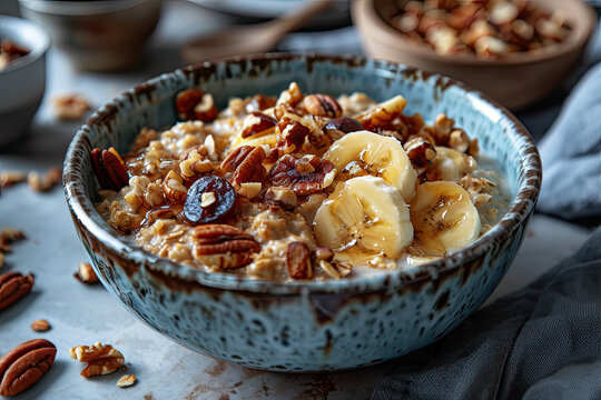 bowl of oatmeal with sliced bananas and pecans for breakfast 