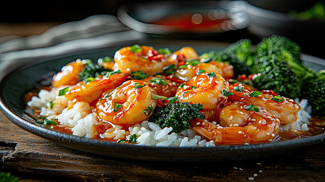 plated of Chinese broccoli with shrimp with garlic sauce on bed of rice 