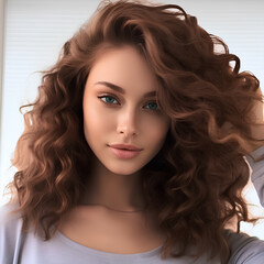 Naklejka premium Portrait of a young beautiful brunette woman with volumetric curls on a white background.