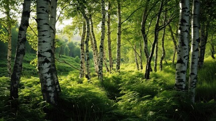 Fototapeta premium a forest filled with lots of green grass and lots of tall trees in the middle of a lush green forest filled with lots of green grass and lots of tall trees.