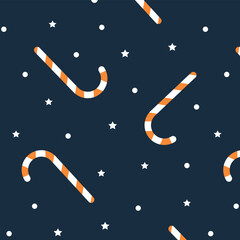 Candies cane  and stars on a blue background, seamless pattern. Can be used for wallpaper, pattern fills, web page background, fabric, surface textures. Vector illustration, EPS 10.