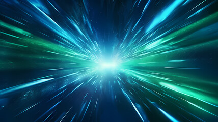 Abstract background in blue green and white neon glow colors. Speed of light in galaxy. Explosion in universe - obrazy, fototapety, plakaty