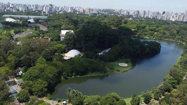 Picturesque aerial footage of the Ibirapuera Park, one of the most popular parks in Sao Paulo, Brazil.
