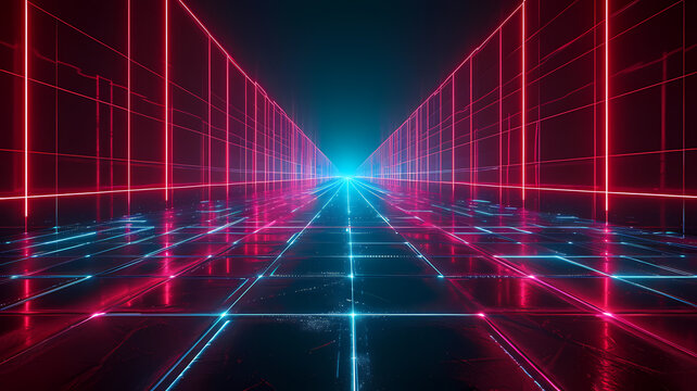 Cyan Blue And Red Grids Neon Glow Light Grid Backdrop Design With Creativity, Virtual Reality Concept, Hi-tech Abstract Backgroud