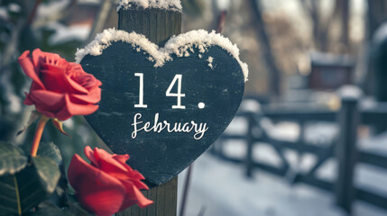 Rote Rosen und ein Herz aus Holz mit dem Datum des Valentinstages, der 14. Februar.