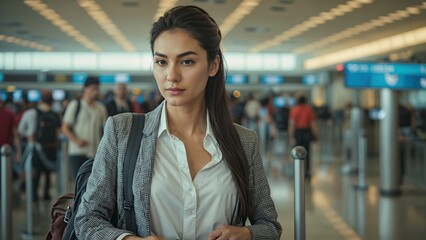 A woman with long dark hair wearing a white shirt and grey blazer is standing in an airport.