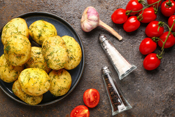 Plate of boiled baby potatoes with dill and tomatoes on dark background