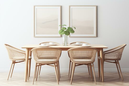 Scandinavian dining room with frame mockup, rattan chairs, wooden table, bright beige background. Generative AI