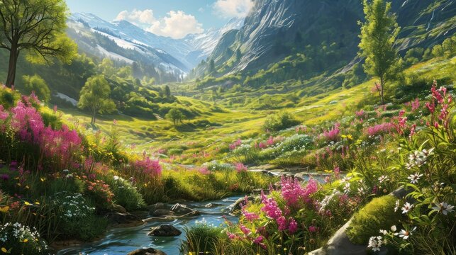  a painting of a stream running through a lush green valley filled with wildflowers and a mountain range in the distance with a blue sky and white clouds in the background.