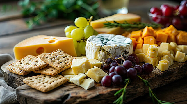 charcutier board of cheese, fruit, and crackers 