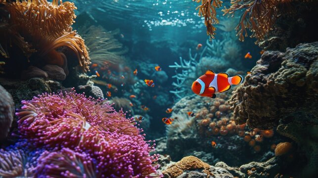  a clown fish swimming in an aquarium with corals and sea anemones on the bottom of the water's surface, looking like it's coming out of a tunnel.