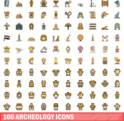 100 archeology icons set. Color line set of archeology vector icons thin line color flat on white