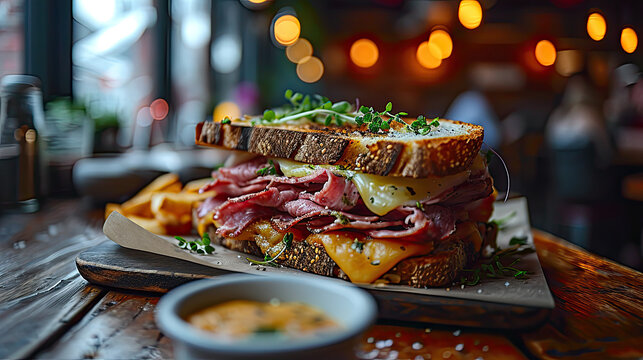 toasted bread corned beef sandwich with melted cheese on rustic wood board 