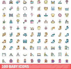 100 baby icons set. Color line set of baby vector icons thin line color flat on white