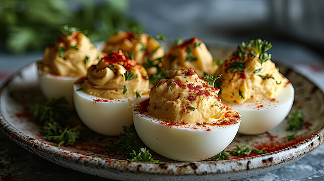 two rows of deviled eggs with paprika and garnish 