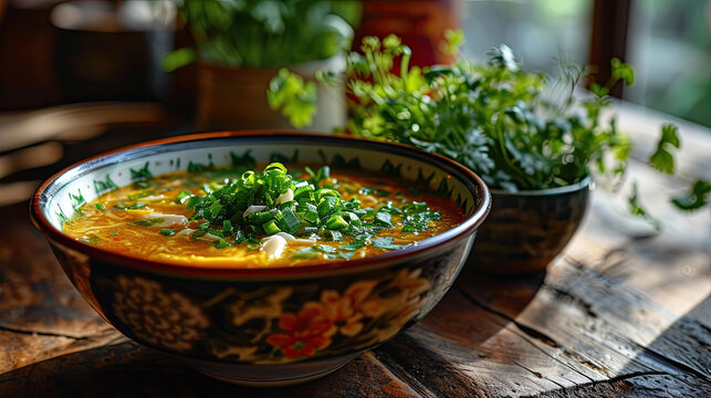 Chinese egg drop soup in rustic setting