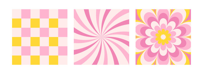 Groovy hippie 70s background set. Checkerboard, chessboard, waves, swirl, twirl pattern with daisy flower. Twisted and distorted vector texture in a trendy psychedelic style. Pink and yellow colors