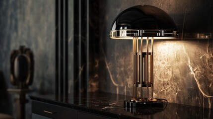 a lamp sitting on top of a table next to a lamp shade on the side of a black cabinet with a gold trim around the lamp and a black marble surface. - obrazy, fototapety, plakaty