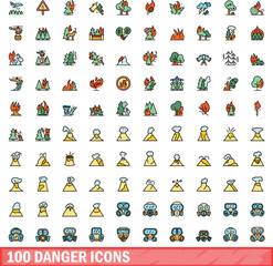100 danger icons set. Color line set of danger vector icons thin line color flat on white