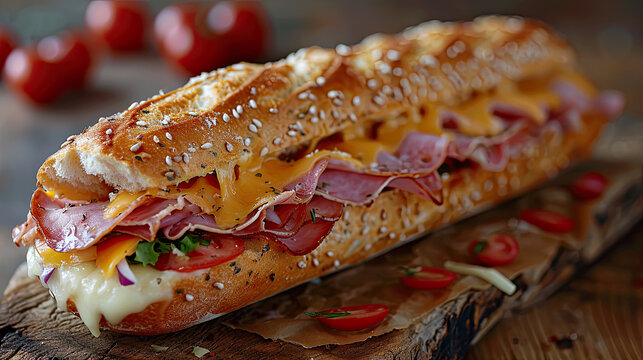 footlong sub of ham and cheese on rustic wood cutting board with garnish 