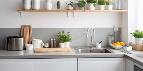 Obraz na płótnie Canvas Modern stylish Scandinavian kitchen interior with kitchen accessories. AI Generative.