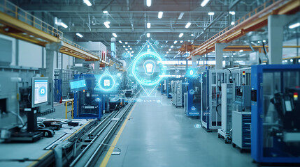 Uma fábrica inteligente futurista com tecnologia da Internet das Coisas (IoT), ilustrando a conectividade e automação em ambientes industriais modernos.