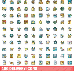 100 delivery icons set. Color line set of delivery vector icons thin line color flat on white