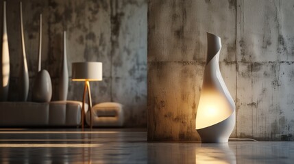 a white vase sitting next to a wall with a lamp on top of it next to a lamp on a table next to a couch and a lamp on a wall. - obrazy, fototapety, plakaty
