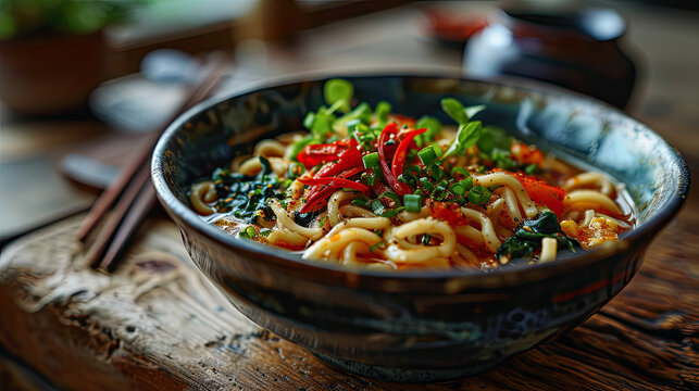 Chinese lomein noodles in bowl with garnish 