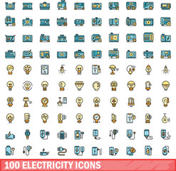 Obraz premium 100 electricity icons set. Color line set of electricity vector icons thin line color flat on white