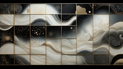 A mosaic made of rectangular tiles in black, white, gray and gold. Could be waves, could be clouds or deep space.