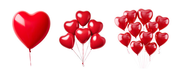 Set of red hearts balloons for party and celebration Isolated cutout on transparent background